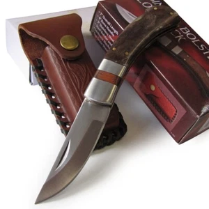 Real BONE Lockback Folding Pocket KNIFE Leather Sheath Stainless Steel Blade 7" - Picture 1 of 8