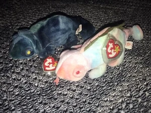 1997 RARE TY "Rainbow" & "Iggy" ERROR Beanie Original Baby Chameleon Set MINT - Bild 1 von 12