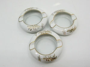 3 Pcs Fukagawa Arita Gold Bamboo Small Ashtrays Porcelain Trees White Japan 901 - Picture 1 of 6