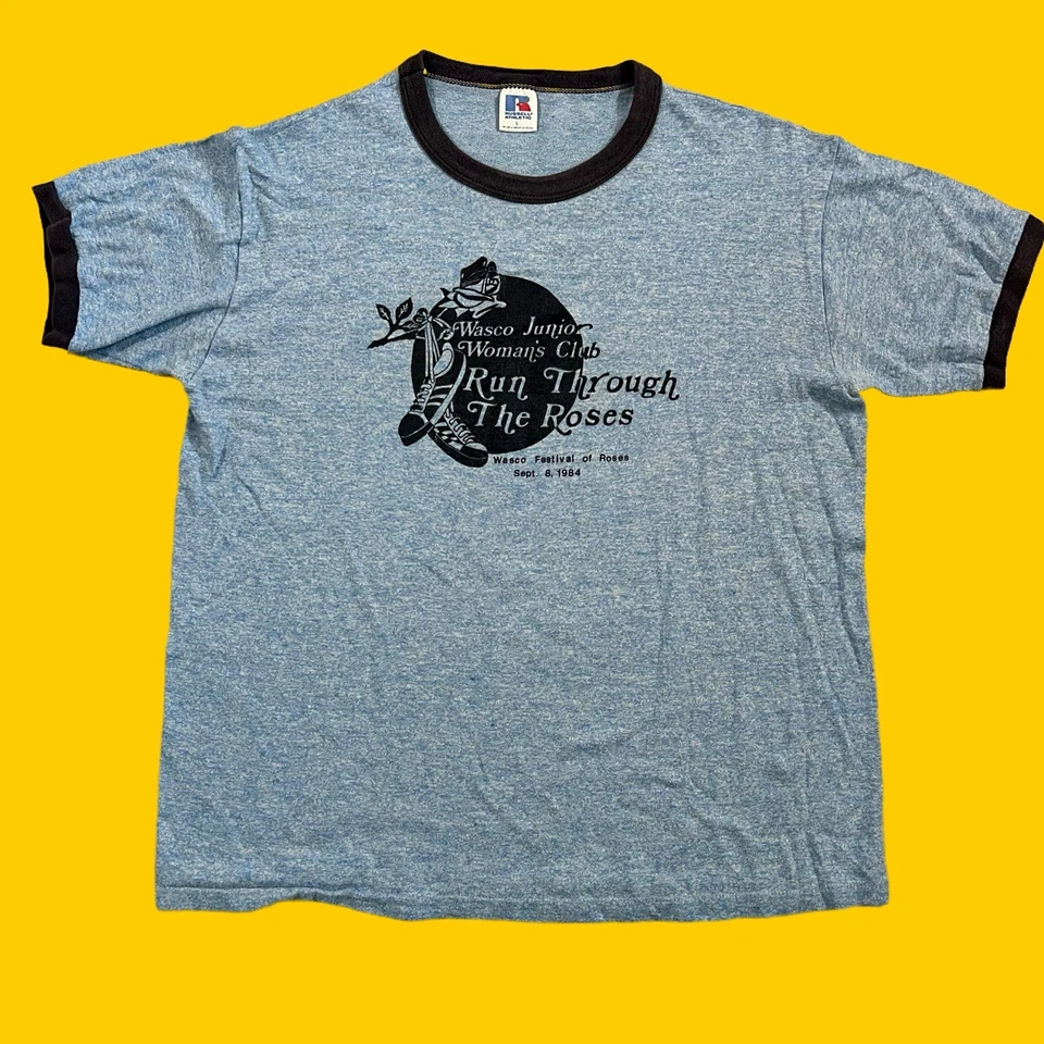 Vintage Single Stitch 80s Women’s Blue Ringer Graphic Tee T-shirt Sz L - Image 1 of 4