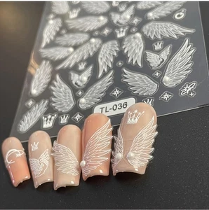 Nail Art Stickers NEW ! EMBOSSED WHITE ANGEL FEATHERS WITH PEARL DETAIL TL-036 - Picture 1 of 1