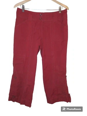 Sz 8 (L) CAbi Pants Dark Red Cropped Cargo Embroidered Pants Capri Cotton EUC - Image 1 of 4