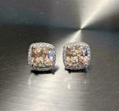 3Ct Cushion Cut Morganite Halo Stud Women's Earrings 14k White Gold Finish - Image 1 of 4