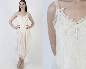 Vtg F Cera Hilrsoz Dress Cream Lace High Low Asymmetrical Peignoir Nightgown M - Picture 1 of 7