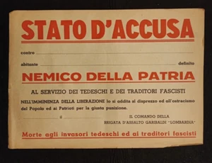 STATO D'ACCUSA BRIGATA GARIBALDI PARTIGIANI LIBERAZIONE MANIFESTO - Imagen 1 de 1