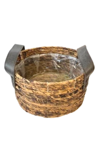 Rustic Farmhouse Round Woven Basket Faux Leather Handles 11x5in - Picture 1 of 5