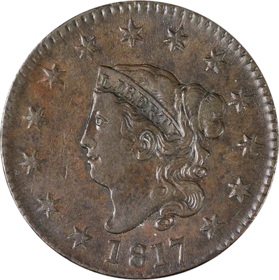1817 Large Cent '13 Stars' Choice AU N.6 R.1 Superb Eye Appeal Strong Strike - Image 1 of 2