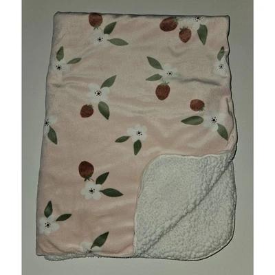 Carter's Strawberry Flowers Pink Fleece Baby Blanket White Sherpa Soft 30" x 40" - Image 1 of 4