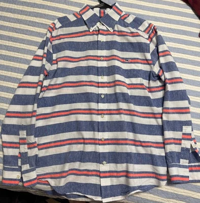 Vineyard Vines Slim Fit Tucker Shirt – Size L – Linen Blend – Blue/Coral/White  — 第 1/4 张图片