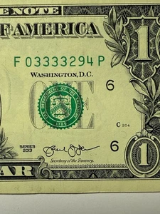 Four In A Row 3s One Dollar Bill $1 Fancy Serial Number F03333294P Series 2013 - Picture 1 of 10