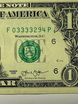 Four In A Row 3s One Dollar Bill $1 Fancy Serial Number F03333294P Series 2013 - Image 1 of 4