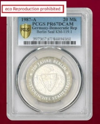 East German 20 Mark Silver Coin Berlin Seal 1987A  PCGS PR67DCAM - Image 1 of 2