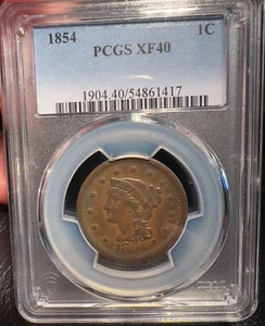 1854 1c Braided Hair Large Cent - PCGS XF40 - Picture 1 of 4