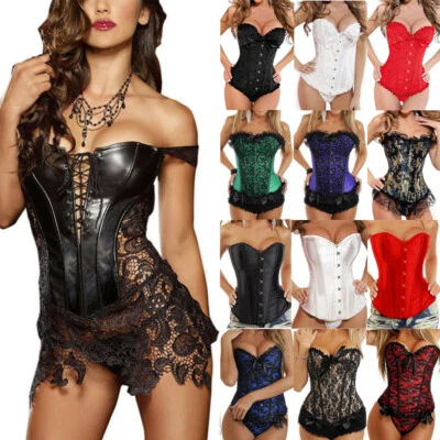 Women Sexy Corset Bustier Tops Gothic Lace Up Boned Overbust Shaper Basque Dress - Image 1 of 2