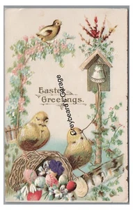 EASTER Greetings, Baby Chicks with Bird House Vintage Postcard - Picture 1 of 2