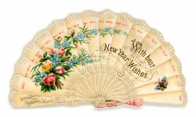 a11 Antique Card Fan Diecut Roses " New Year Wishes  " Embossed 512a - Image 1 of 2