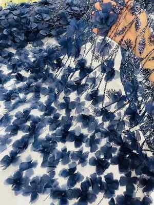 Tecido de miçangas marinho 3D floral tecido borboleta por jarda, malha borboleta de luxo - Imagem 1 de 4