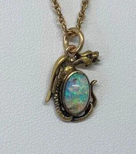 Griffin Dragon Black Opal Pendant Necklace Antique Belle Epoque 14 Karat Gold - Picture 1 of 12