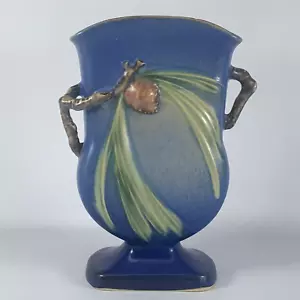Roseville Keramik Fächer Vase blau Tannenzapfen #121-7 Vintage - Bild 1 von 13