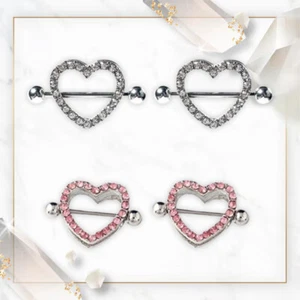 2 Pairs of Nipple Shields Heart Shaped Surgical Steel with Pink and Clear CZ Gem - Picture 1 of 8