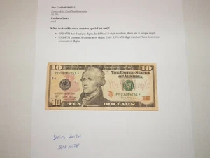 US $10 star note Fancy Serial Number 8 unique digits 2017A  PF03284751* verycool - Picture 1 of 2