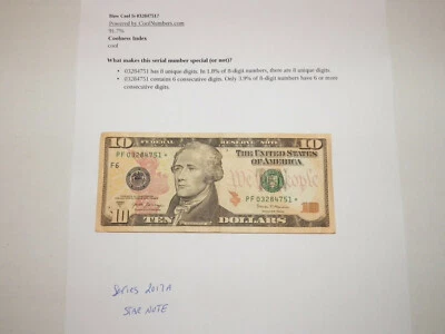 US $10 star note Fancy Serial Number 8 unique digits 2017A  PF03284751* verycool - Image 1 of 2