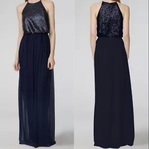 NWT Donna Morgan David’s Bridal Hannah Sequin and Chiffon Navy Dress, Size 0 - Picture 1 of 12