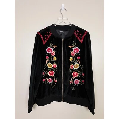 NWT TORRID Black Velour Velvet ￼Floral Embroidered Beaded Bomber Jacket Size 2 - Image 1 of 4