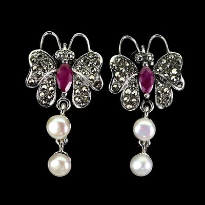 925 Sterling Silver Earrings Marquise Ruby 8x4mm Pearl Gemstone Butterfly Jewelr - Image 1 of 4