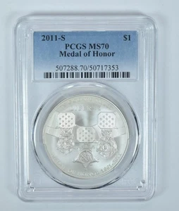 2011-S Medal Of Honor Commemorative Silver Dollar MS70 PCGS Blue Label - Picture 1 of 5