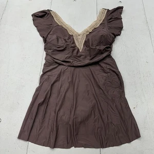 Purple Short Sleeve V Neck Ruffle Accent 1 Piece Swimsuit Dress Women's L NEW - Picture 1 of 6