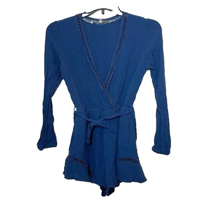 Mameluco Boho Lovers + Friends para mujer M azul manga larga cuello en V corbata cintura recorte Foto 1 de 4