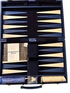 Vintage Deluxe Backgammon Set Kunstleder dunkelblau und weiß Taiwan - Bild 1 von 7