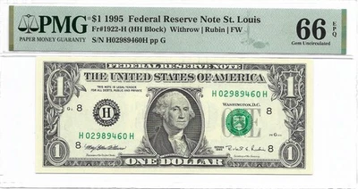 1995 $1 ST LOUIS FRN. PMG GEM Uncirculated 66 EPQ. H/H Block. FW Print - Image 1 of 2