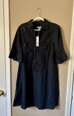 Chico’s 100% Linen Lace Applique Dress Sequin Pockets Black Women’s Size 8 / 1 - Image 1 of 4
