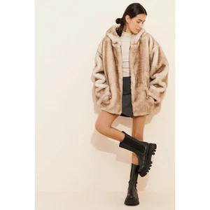 Free People Hannah Hooded Faux Fur Coat Size L Beige Mobwife Bohemian Full Zip - Picture 1 of 14