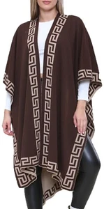 Mantón tejido reversible estampado de bordes beige marrón grande envolvente bufanda regalo - Imagen 1 de 3