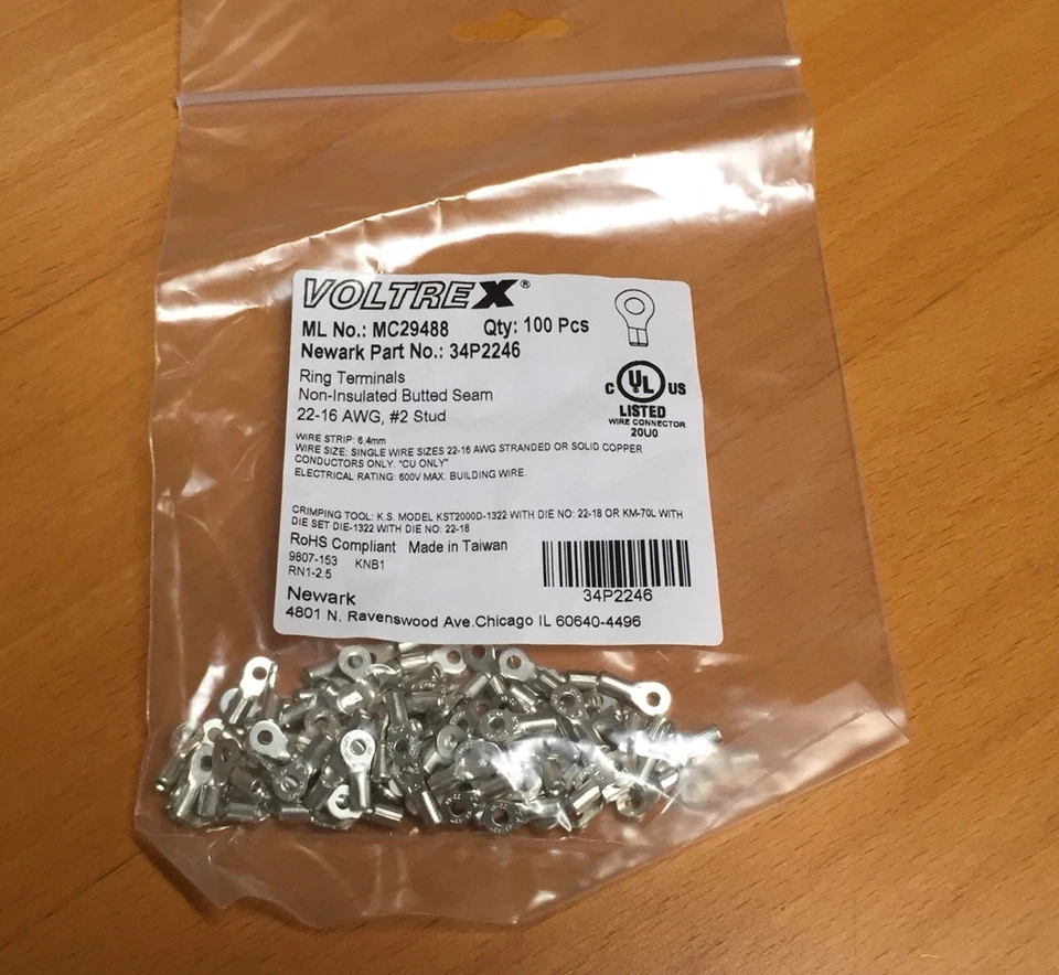Terminal de lengüeta de anillo Voltrex MC29488, M2, #2, serie MC29, 16 AWG, (100 piezas) Foto 1 de 1