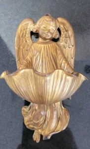 Vintage Holy Water Font Cherub Angel Metal 5 inch Wall Hangng *damage - Picture 1 of 13
