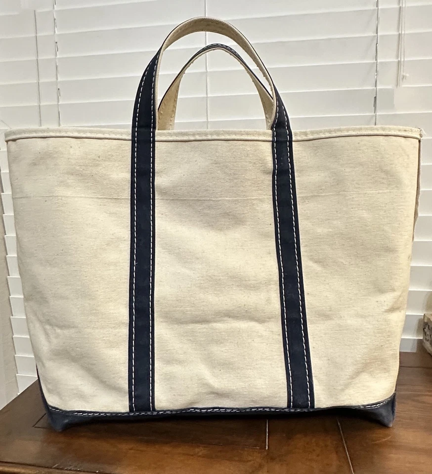 Bolsa de lona azul vintage años 80 LL Bean Boat and Tote etiqueta de diente de sierra arrugada XLg 23x14x8 Foto 1 de 4
