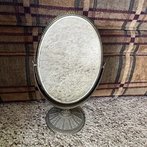 Vintage Ornate Standing Two Sided Oval Mirror One Side Magnified - 11.5” Tall - Picture 1 of 9