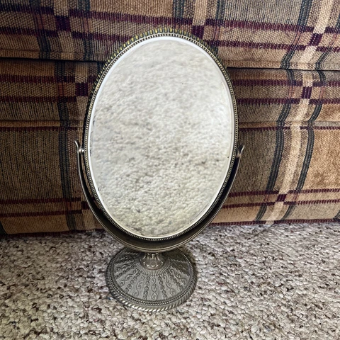 Vintage Ornate Standing Two Sided Oval Mirror One Side Magnified - 11.5” Tall Cover