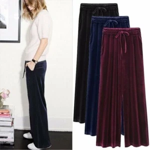 Ladys Velvet Pleuche Pants Wide Leg Long Trousers Stretch Tie Waist Loose Casual - Picture 1 of 19