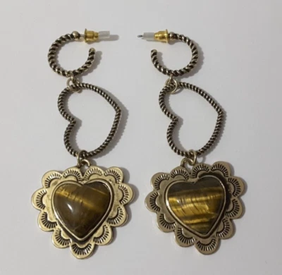 Heart & tigers eye drop long stud earrings - Image 1 of 4