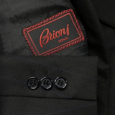Mint! Brioni Blue Pinstripe Black Herringbone Double Breasted Suit 40 L 50 L - Image 1 of 4