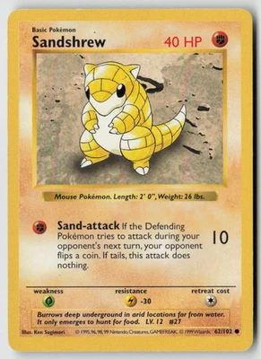 Sandshrew 062/102 - Base Set (Shadowless) Unlimited - PTCG - MP - Image 1 of 2