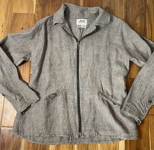 Flax Jacket Womens Small Linen  Zip Chore Coat Lagenlook Casual Pockets Taupe - Picture 1 of 5
