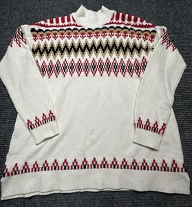 LOFT Sweater Womens Medium White Red Fair Isle Pullover Knit Winter Holiday Cozy - Picture 1 of 7