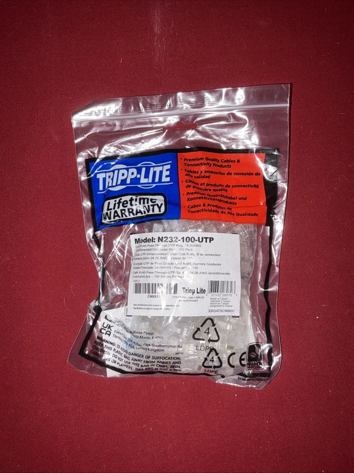 Tripp Lite Cat6 RJ45 Pass-Through UTP Modular Plug, 100 Pack (n232-100-utp) - Image 1 of 2