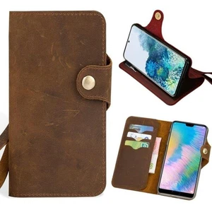 Wallet Cover Pull-Up Flip Case Genuine Leather For Samsung Galaxy S24 Ultra S23 - Picture 1 of 16
